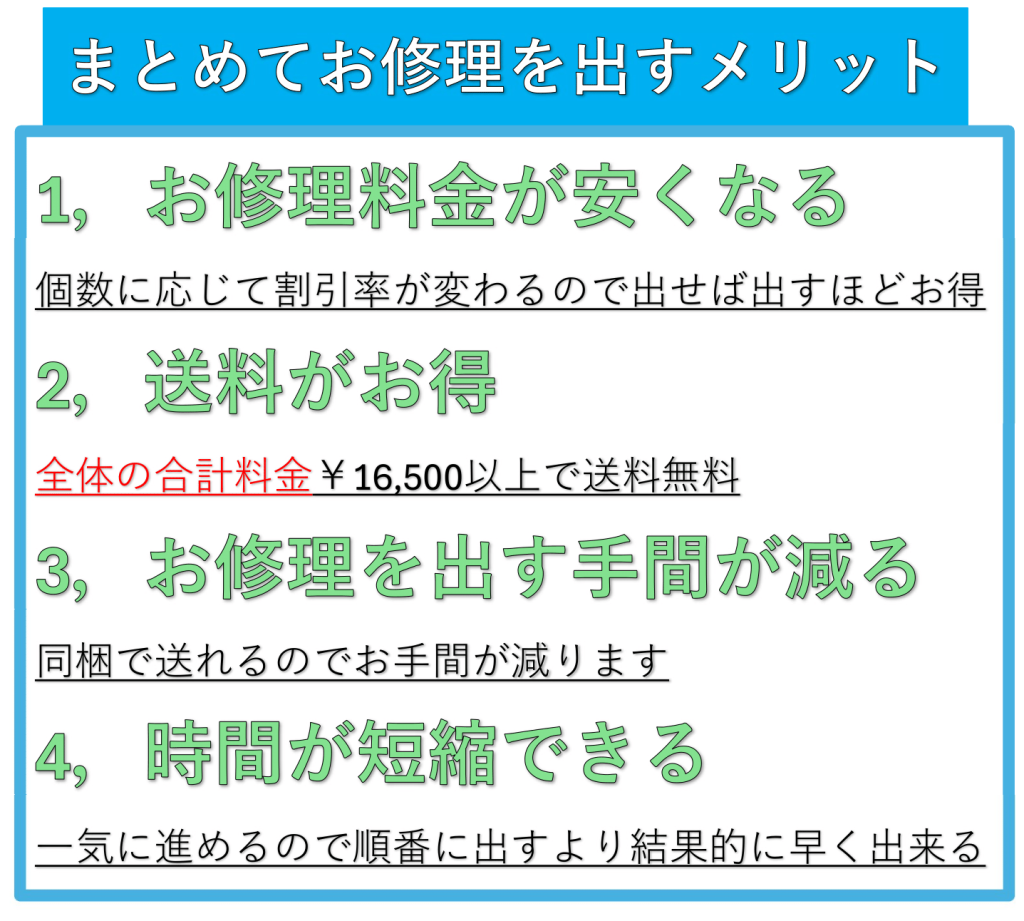 まとめてお修理を出すメリット
お修理料金が安くなる
送料がお得
お修理を出す手間が減る
時間が短縮できる

分解掃除、オーバーホール、電池交換